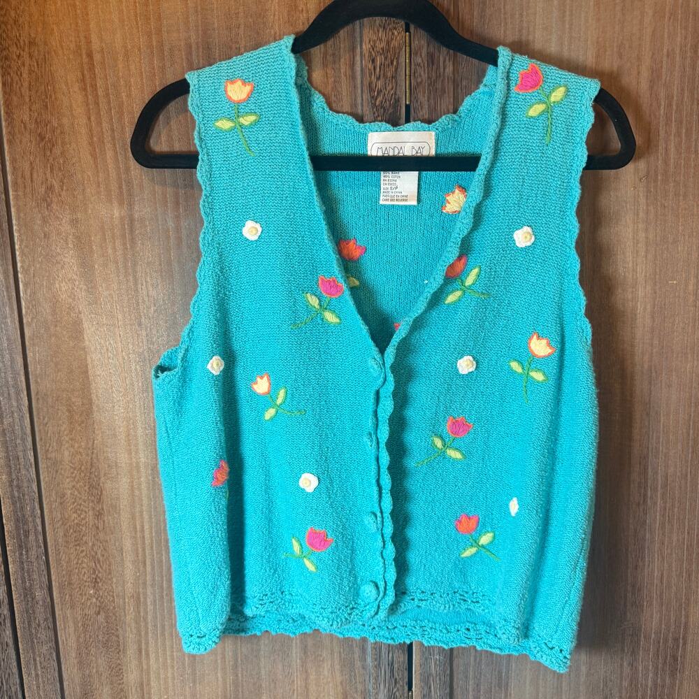 Vintage Mandal Bay Floral Embroidered Cottagecore Sweater Vest Small - Picture 2 of 7